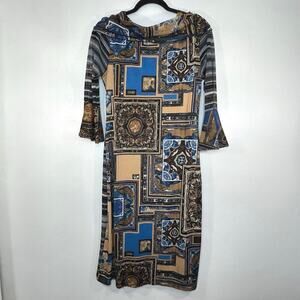 ANAC Women Mesh Abstract Print Dress cowl Neck Sz L Boho Art 90s Y2K bell Sleeve